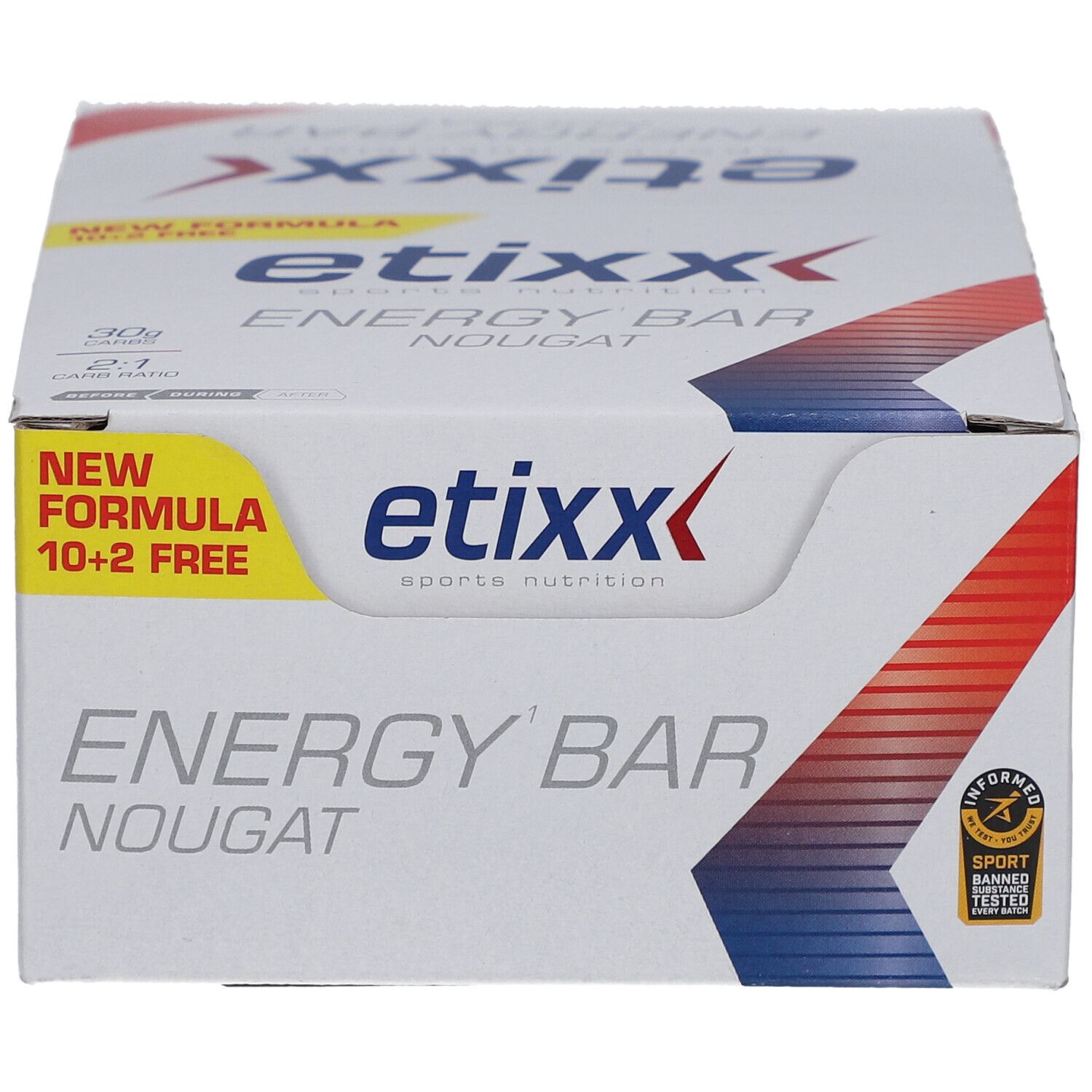 Etixx Energy Bar Nougat-Box. Weiß mit roter und blauer Grafik. Aufschrift: Energy Bar, Nougat, Etixx. Neue Formel. 10+2 gratis. Sport-Zertifizierung.