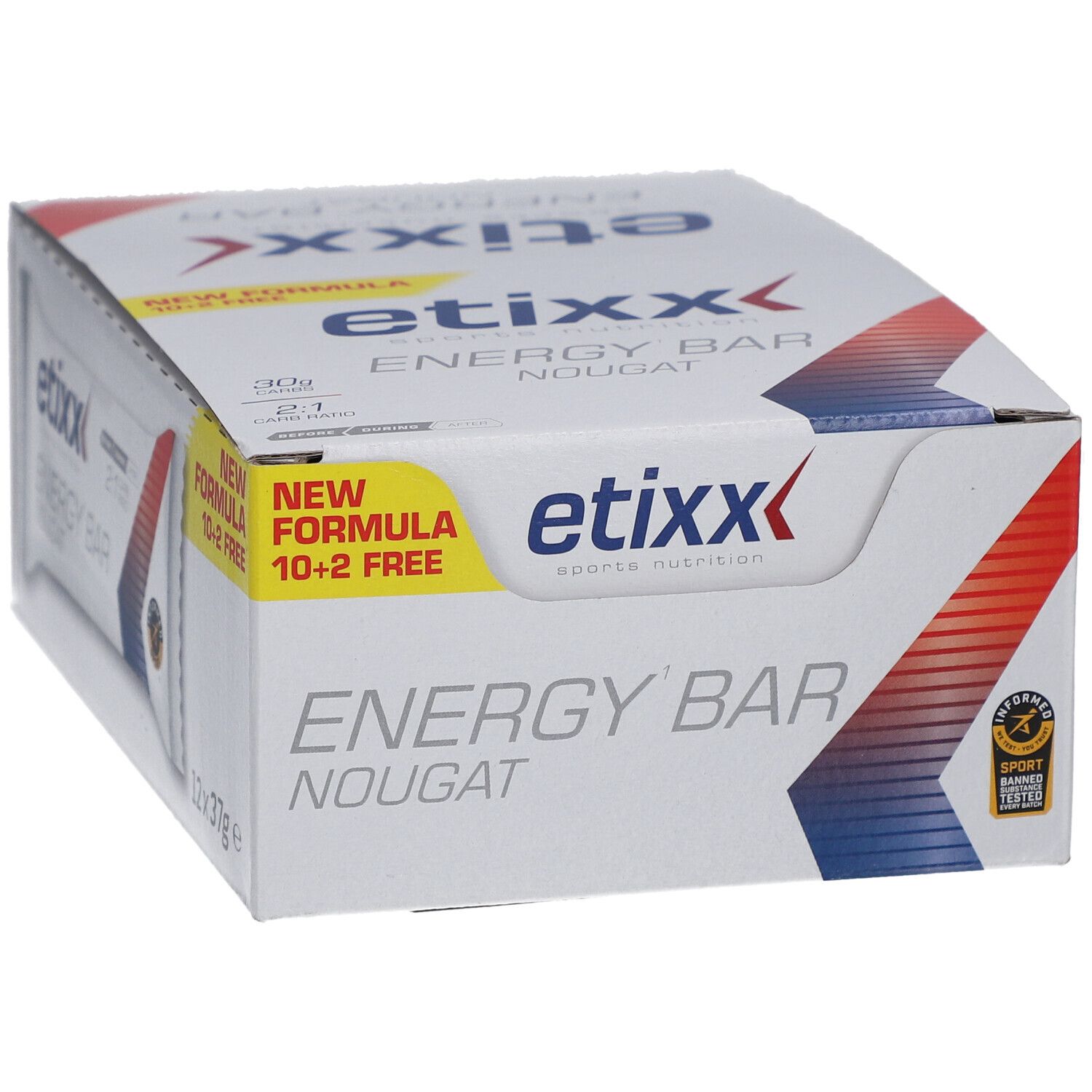 Etixx Energy Bar Nougat-Box. Weiß mit roter und blauer Grafik. Aufschrift: Energy Bar, Nougat, Etixx. Neue Formel. 10+2 gratis. 12x37g.
