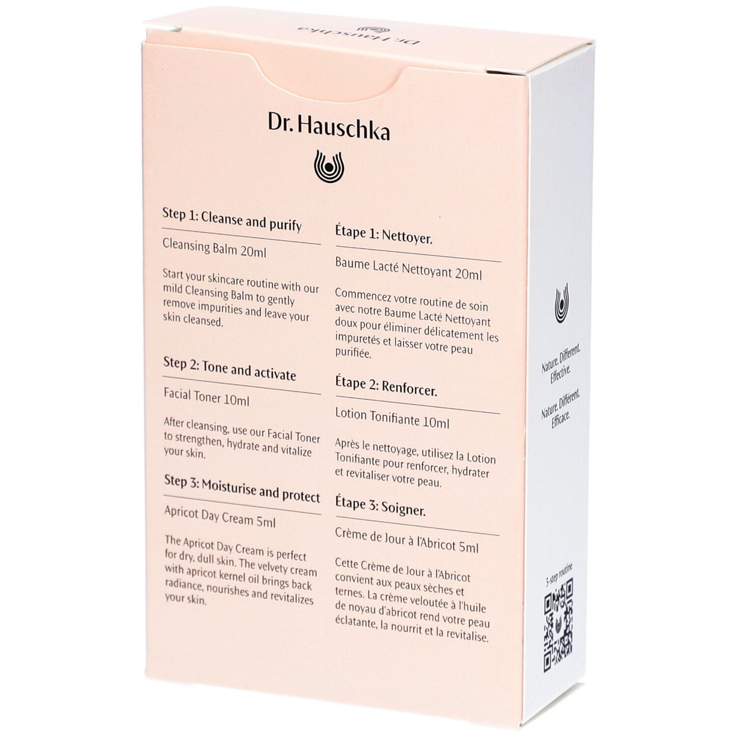 Rückseite der Geschenkbox mit Produktbeschreibungen in Deutsch und Französisch. Aufdruck: Dr. Hauschka, 3-Schritte-Routine.