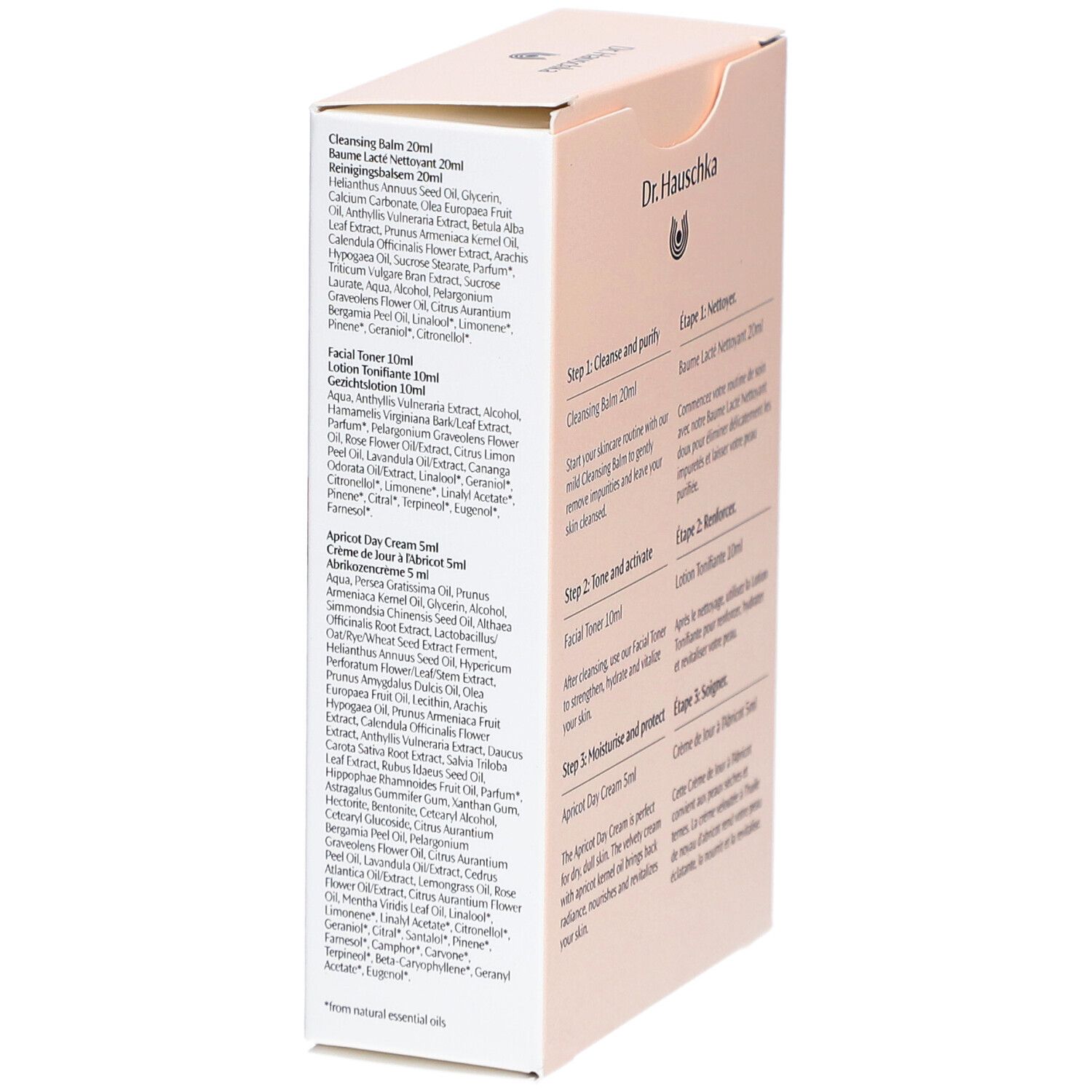 Seitenansicht der Geschenkbox mit Inhaltsstoffen und Produktbeschreibungen. Aufdruck: Dr. Hauschka, 3-Schritte-Routine.