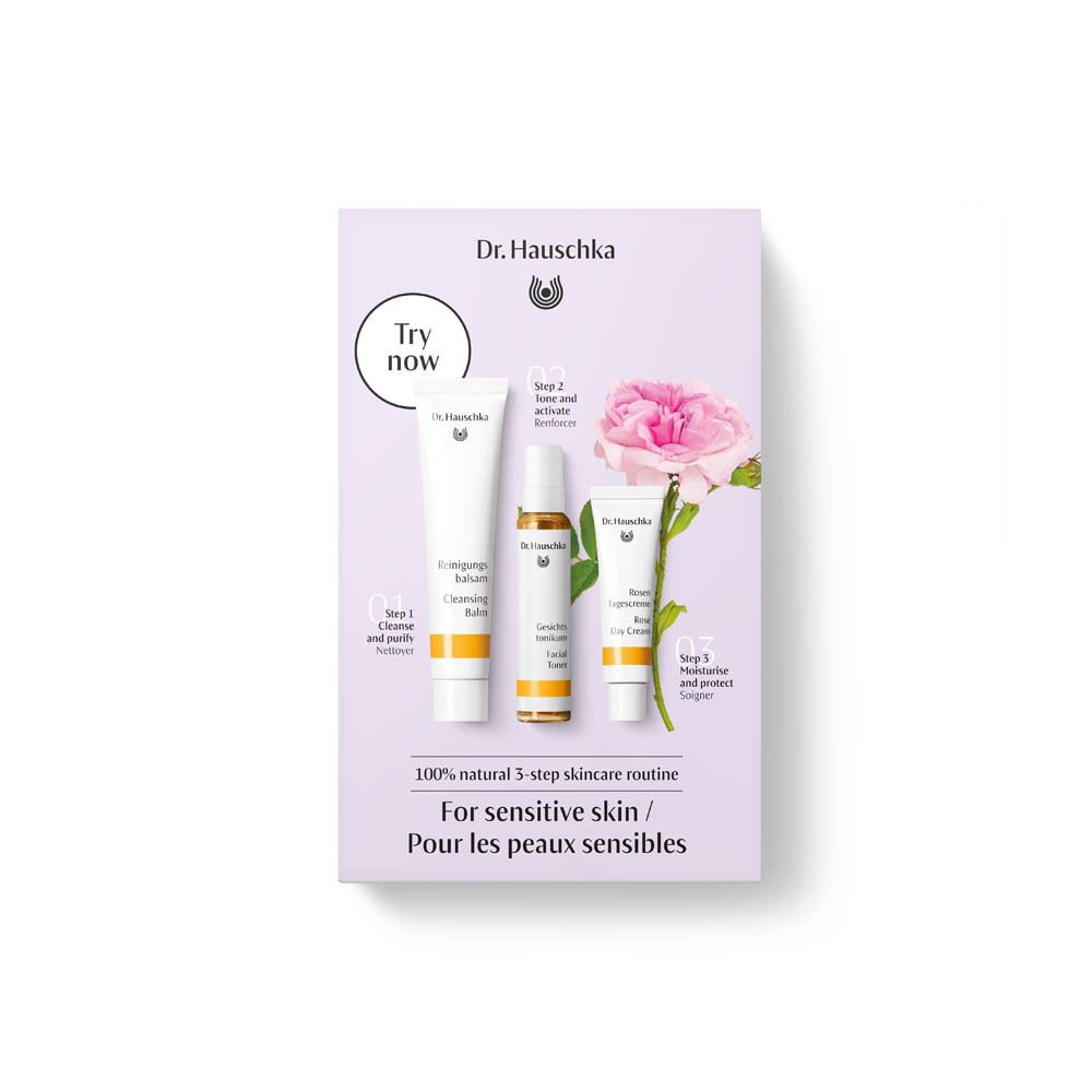 Kit Dr. Hauschka Rose. Boîte avec trois produits : Baume nettoyant, Tonique facial, Crème de jour à la rose. Pour peaux sensibles.