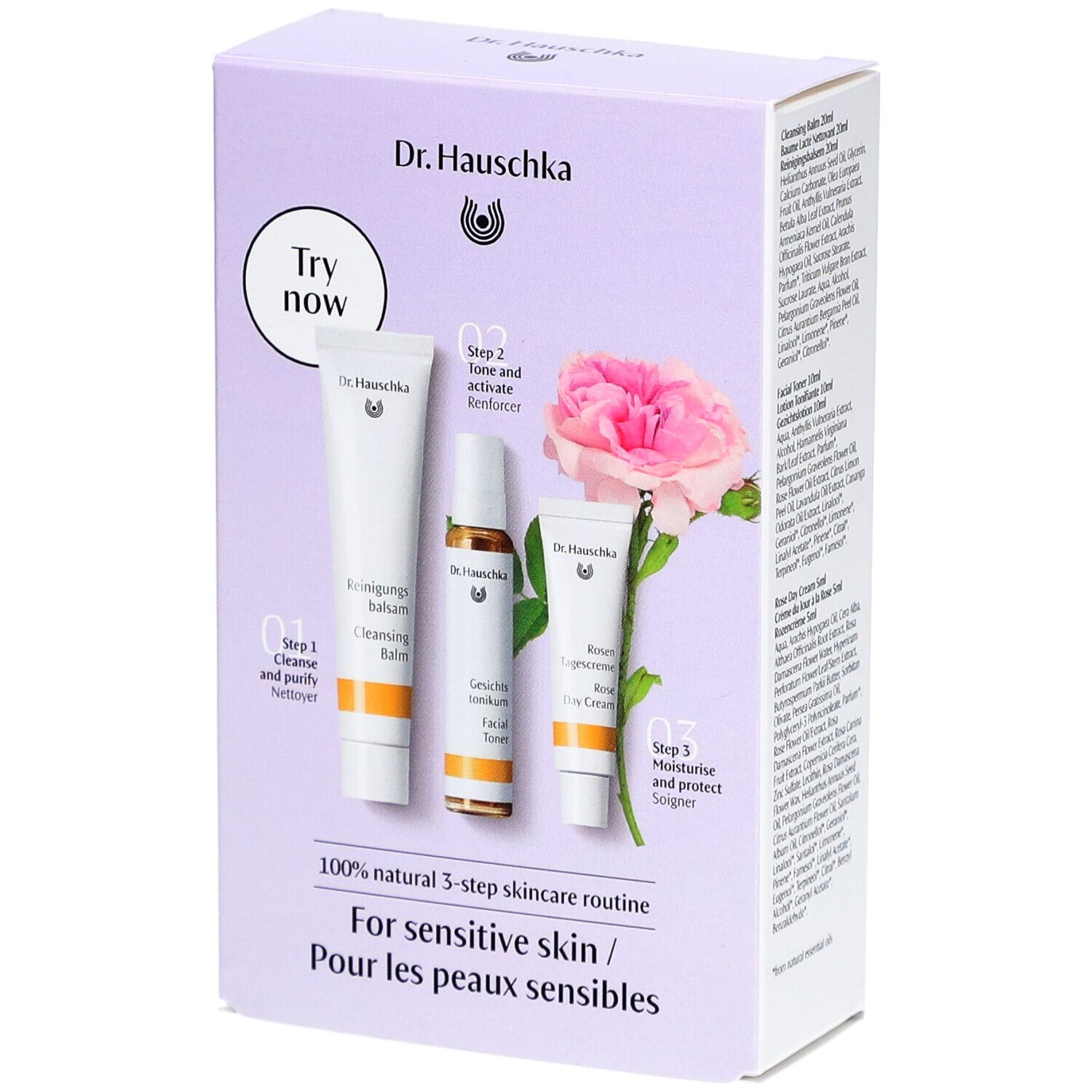 Dr. Hauschka Must-Have Kit Rose. Box mit drei Produkten: Reinigungsbalsam, Gesichtstonikum, Rosen Tagescreme. Für trockene, empfindliche Haut.