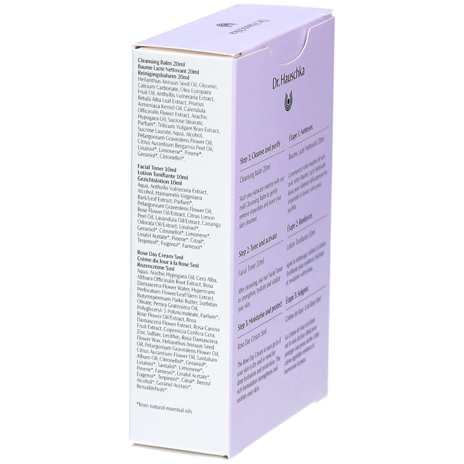 Dr. Hauschka Must-Have Kit Rose. Box-Seitenansicht. Text: Reinigungsbalsam, Gesichtstonikum, Rosen Tagescreme. Inhaltsstoffe. Für empfindliche Haut.