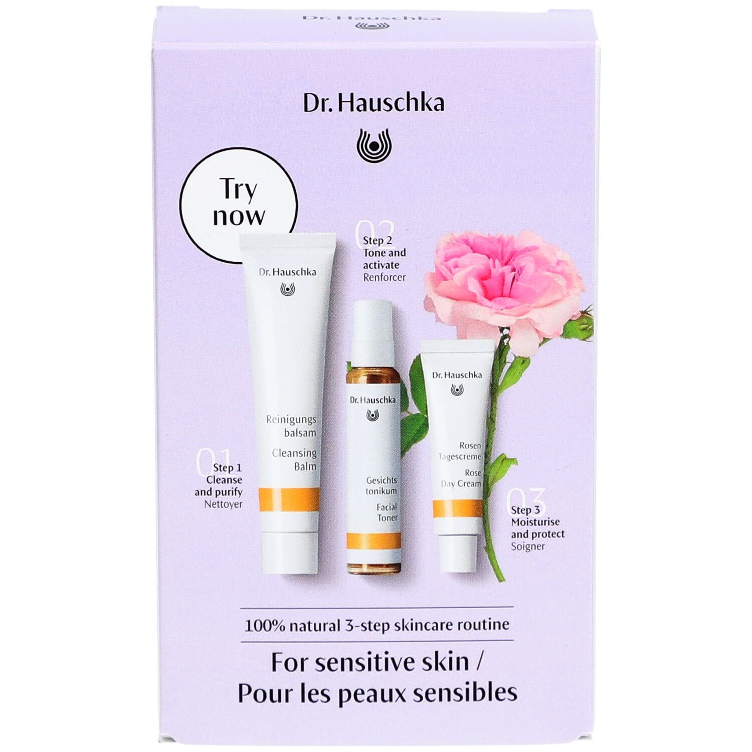Dr. Hauschka Must-Have Kit Rose. Box mit drei Produkten: Reinigungsbalsam, Gesichtstonikum, Rosen Tagescreme. Für trockene, empfindliche Haut.