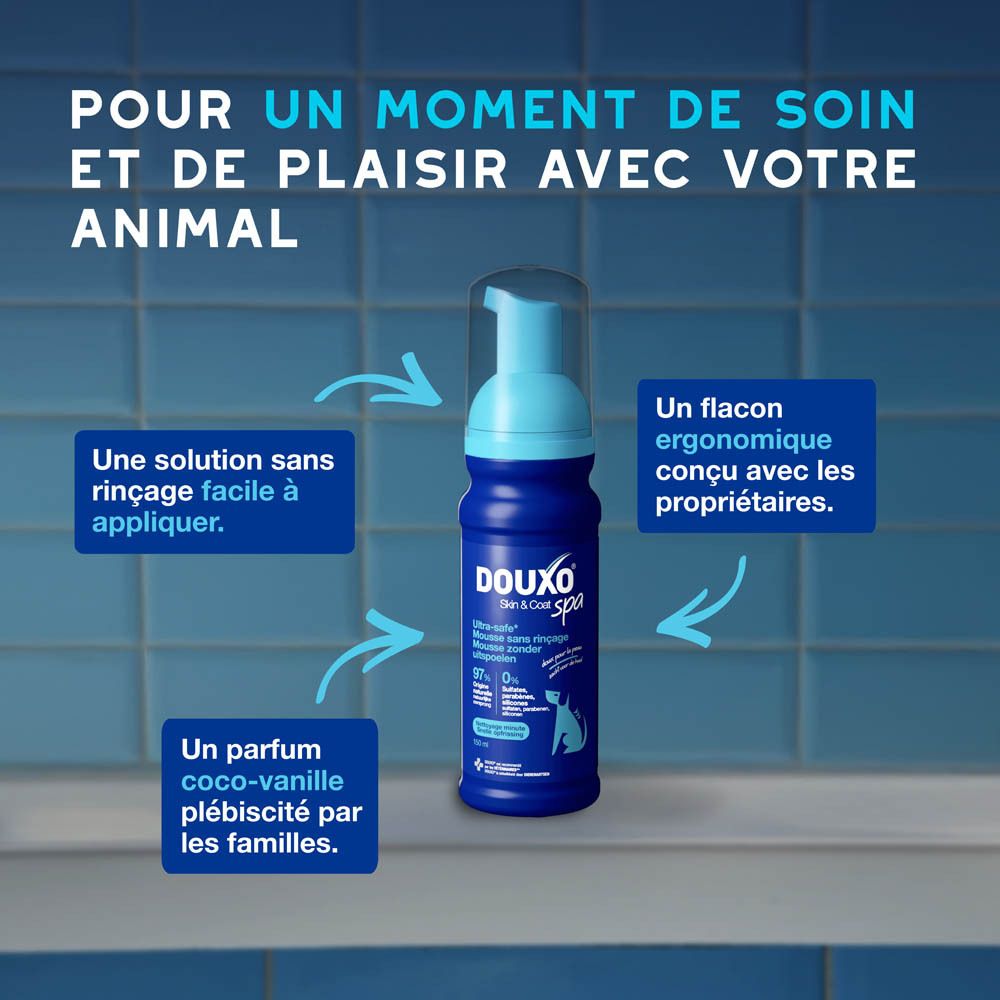 Flacon de mousse Douxo Spa entouré de zones de texte.