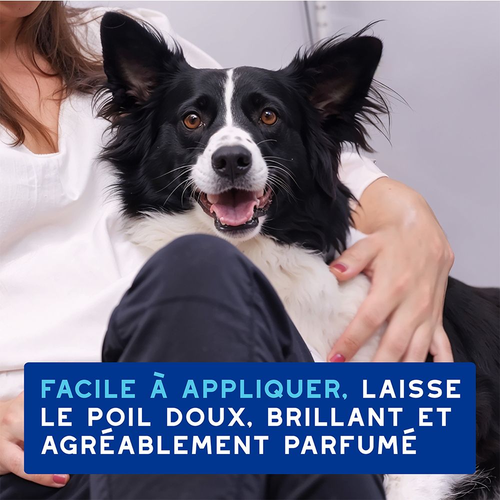 Hund mit Text: Einfach anzuwenden, macht das Fell weich und glänzend.