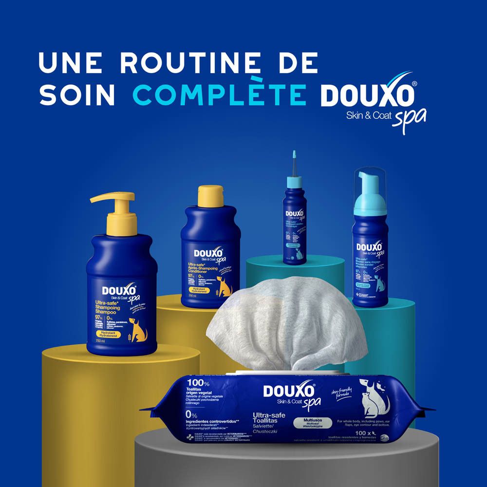 Gamme de produits Douxo Spa avec différentes bouteilles et lingettes.