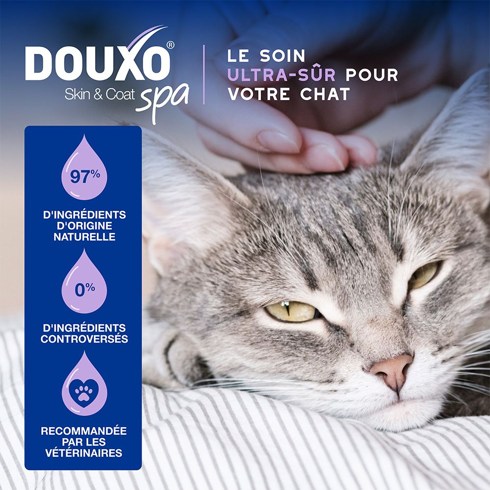 Arrière d'un flacon de mousse Douxo Spa avec détails.