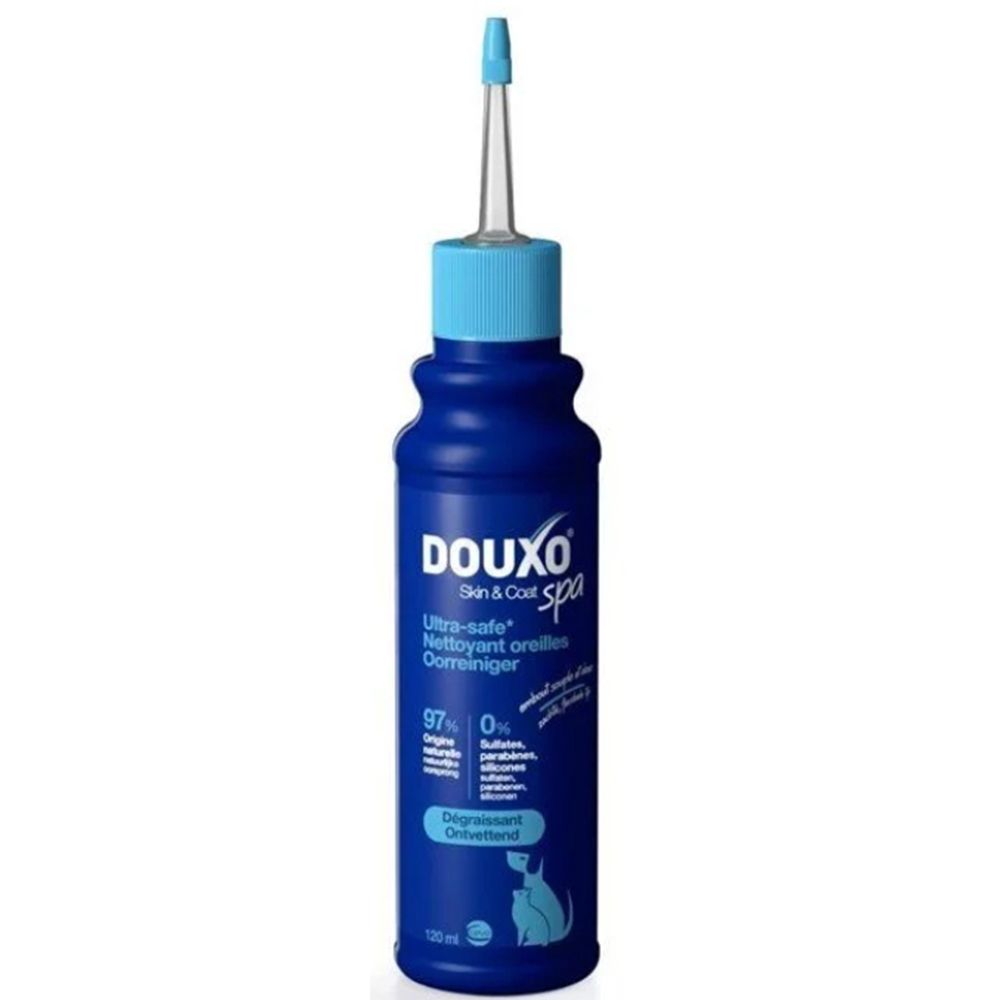 Douxo Spa Ohrenreiniger: Blaue Flasche mit Applikator. Enthält 97% natürliche Inhaltsstoffe.