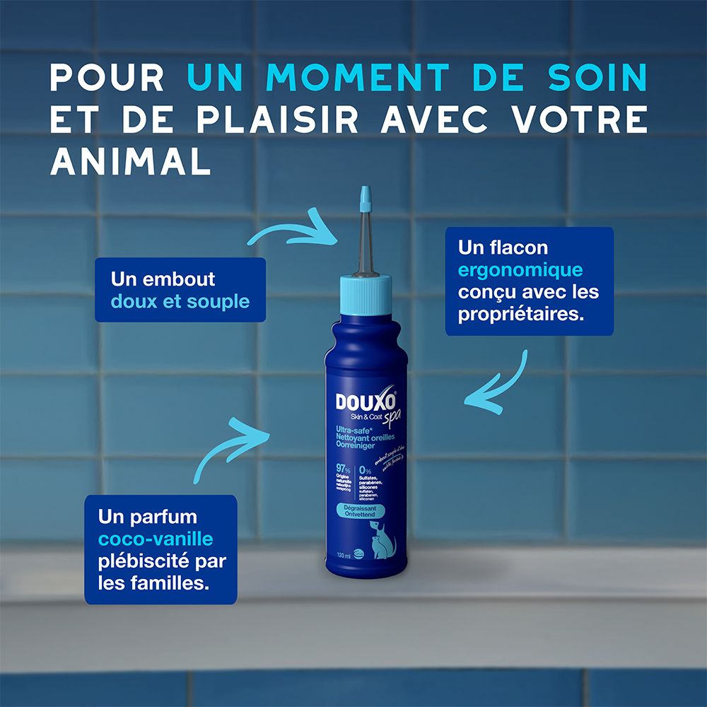 Chien avec gouttes. Texte: Nettoie en toute sécurité et en douceur l'oreille.