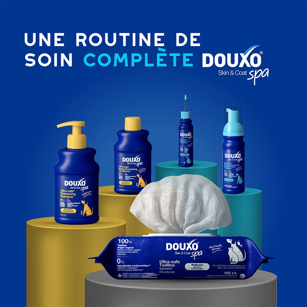 Chien avec gouttes. Texte: Nettoie en toute sécurité et en douceur l'oreille.