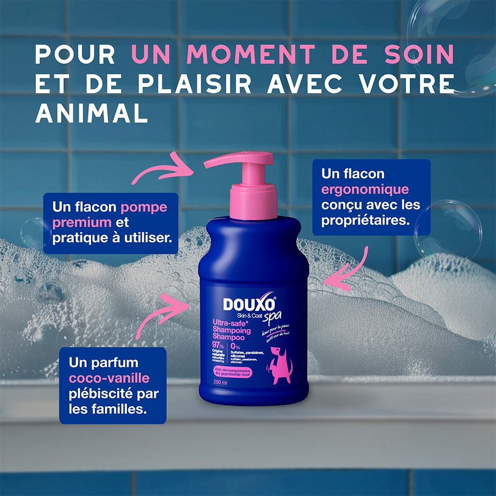 Bouteille de shampooing Douxo Spa Ultra-safe avec pompe, 250ml.