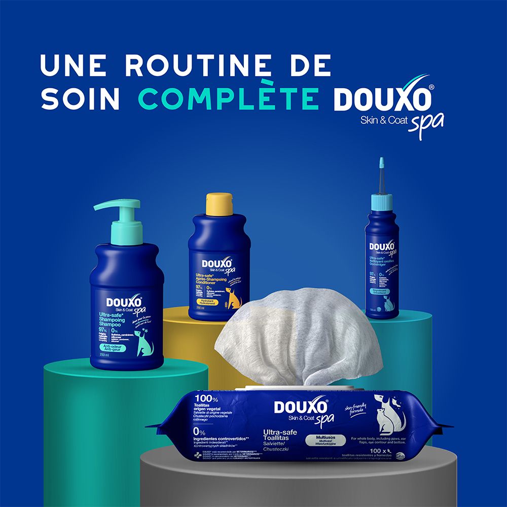 Chien dans une baignoire avec des bulles. Texte : Nettoie et hydrate la peau en toute sécurité.