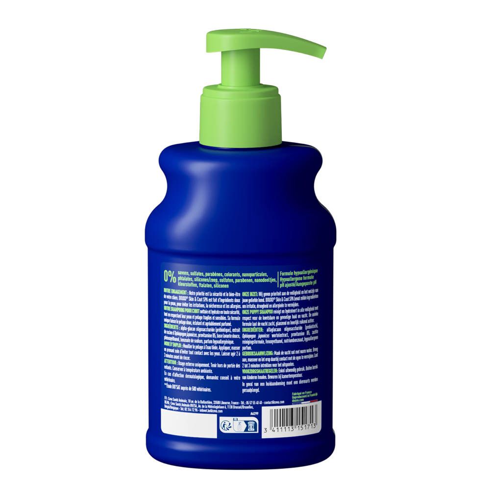 Shampoing Douxo Spa pour chiots, flacon bleu avec distributeur à pompe et texte français.