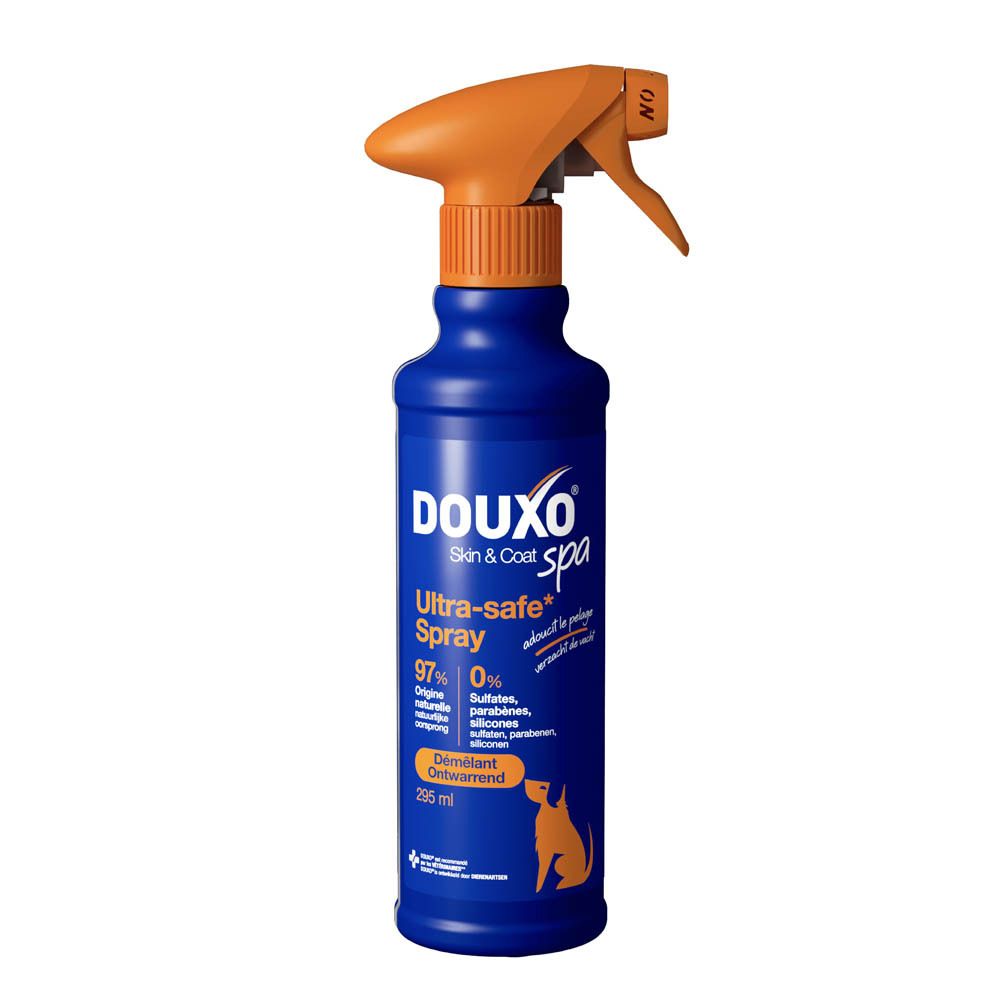Douxo Skin & Coat Spa Ultra-safe Spray, 295ml, blaue Sprühflasche mit orangefarbenem Sprühkopf.