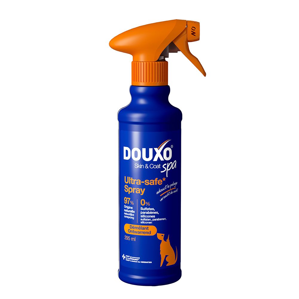 Douxo Skin & Coat Spa Ultra-safe Spray, 295ml, flacon pulvérisateur bleu avec tête de pulvérisation orange.