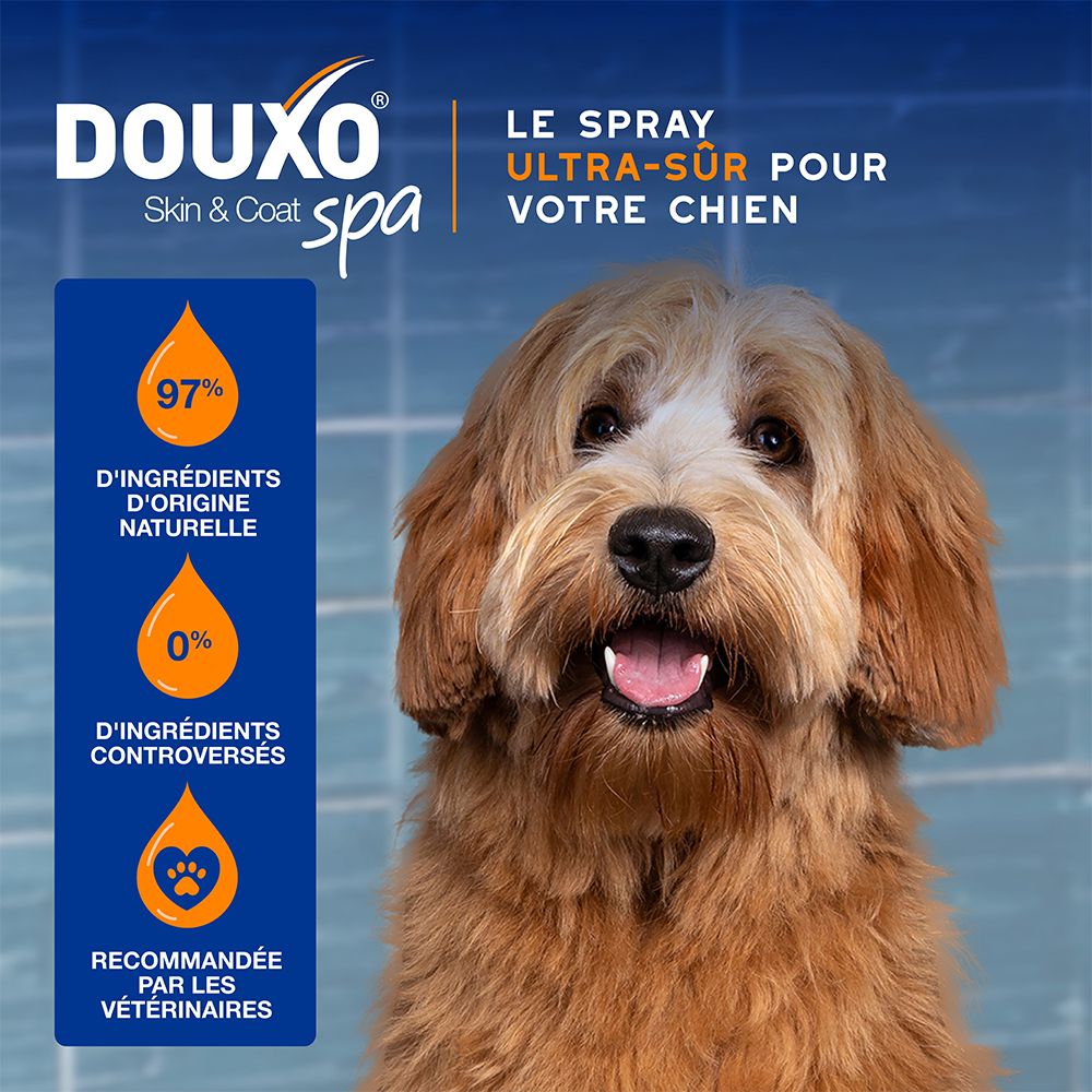 Arrière du flacon Douxo Skin & Coat Spa Ultra-safe Spray avec instructions d'utilisation détaillées.