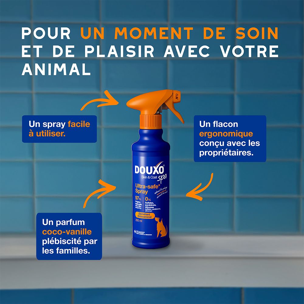 Flacon Douxo Skin & Coat Spa Ultra-safe Spray avec étiquette indiquant 97% d'ingrédients naturels et 0% controversés.