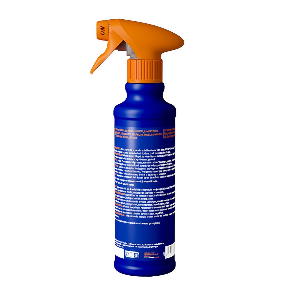 Flacon Douxo Skin & Coat Spa Ultra-safe Spray avec étiquette indiquant 97% d'ingrédients naturels et 0% controversés.