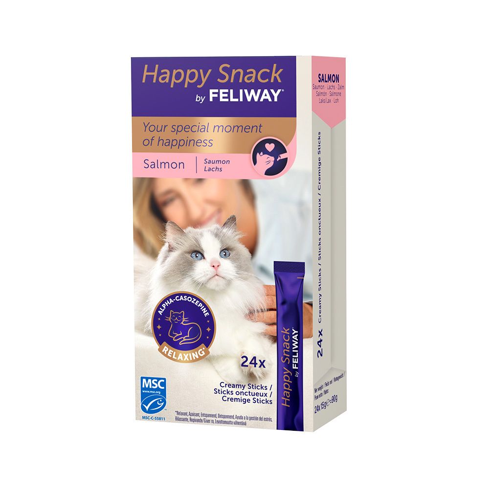 Emballage Happy Snack by Feliway. Texte: Happy Snack, Saumon, 24x, Alpha-casozépine, relaxant. Label MSC. Stick individuel visible.