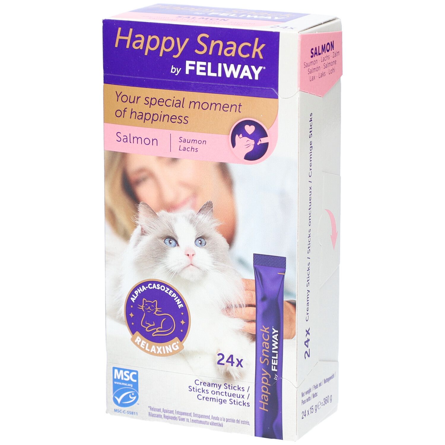 Verpackung von Happy Snack by Feliway. Enthält 24 Cremesticks mit Lachs. Aufdruck: Alpha-Casozepin, entspannend. MSC-Siegel.
