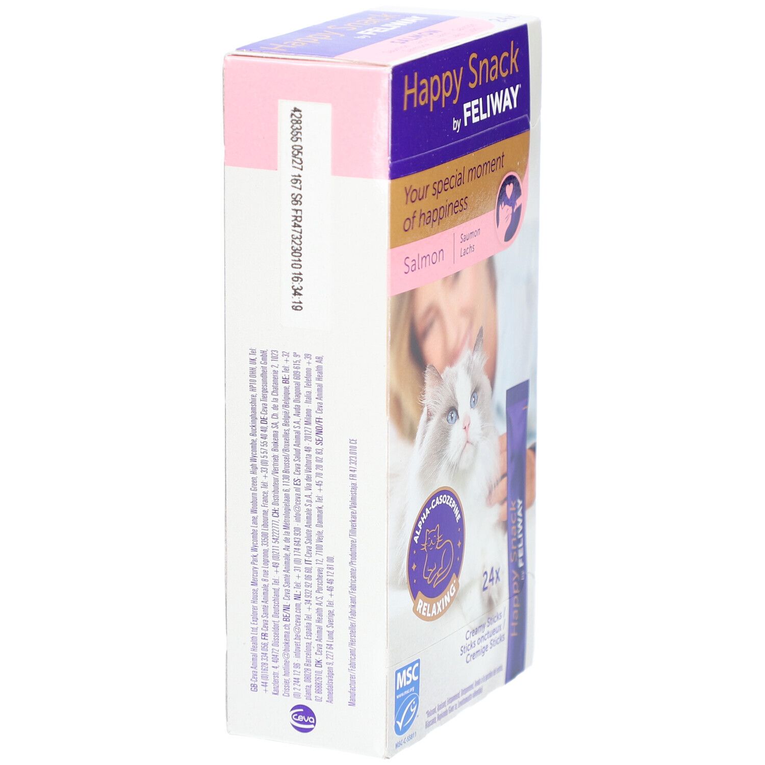 Seitenansicht der Happy Snack by Feliway Verpackung. Text: Happy Snack, Saumon, 24x, MSC-Siegel. Rückseite mit Text.