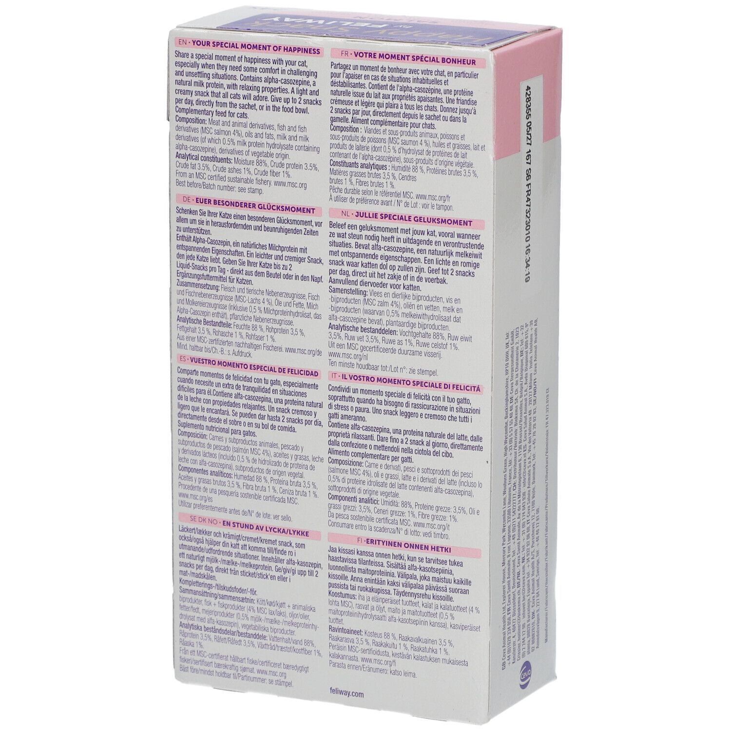 Rückseite der Happy Snack by Feliway Verpackung. Text in mehreren Sprachen. Enthält Informationen zu Inhaltsstoffen und Nährwerten.