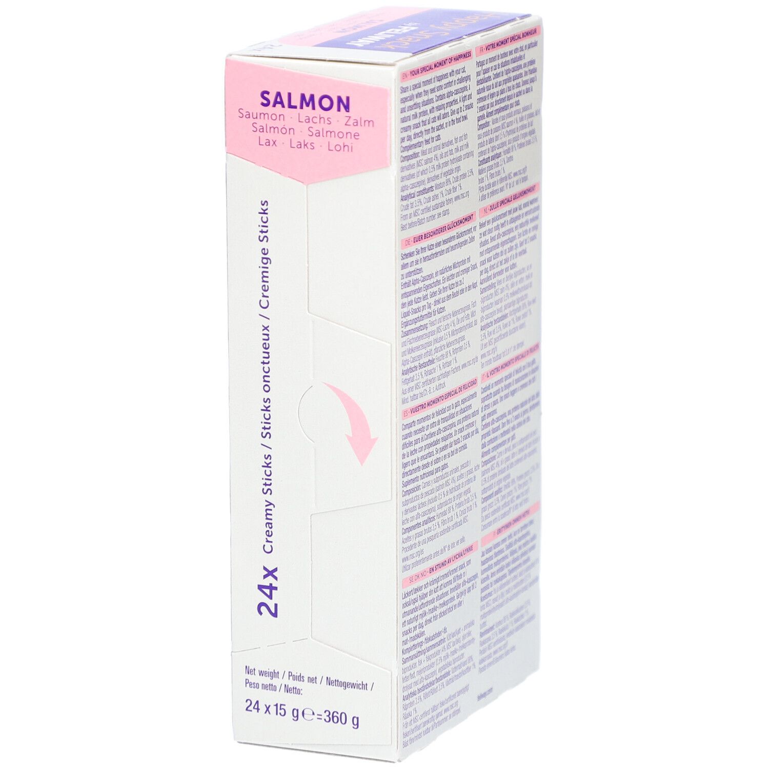Seitenansicht der Happy Snack by Feliway Verpackung. Text: Saumon, 24x, 24x15g=360g. Pfeil-Symbol.