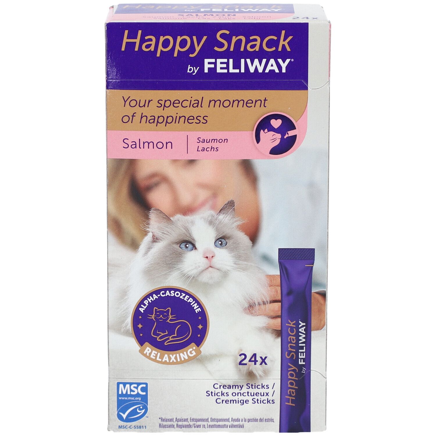 Happy Snack by Feliway Verpackung. Abbildung einer Katze. Text: Happy Snack, Saumon, 24x, Alpha-Casozepin, entspannend. MSC-Siegel.