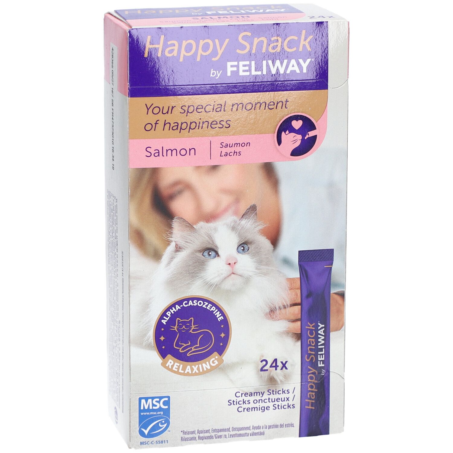Happy Snack by Feliway Verpackung. Abbildung einer Katze. Text: Happy Snack, Saumon, 24x, Alpha-Casozepin, entspannend. MSC-Siegel.
