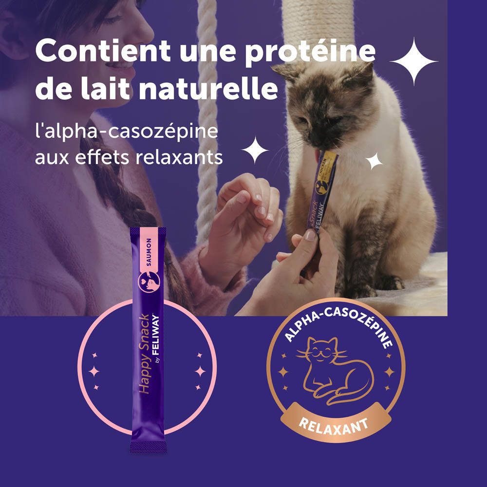 Happy Snack by Feliway, 24 sticks au saumon. Emballage avec chat et femme. Certification MSC.