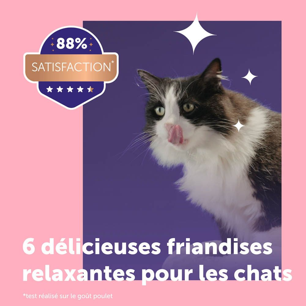 Chat se lèche. Texte: 6 friandises relaxantes pour chats. 88% de satisfaction.