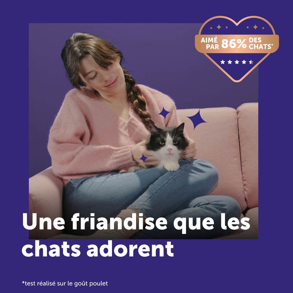 Happy Snack by Feliway, 24 sticks au saumon. Emballage avec chat et femme. Certification MSC.