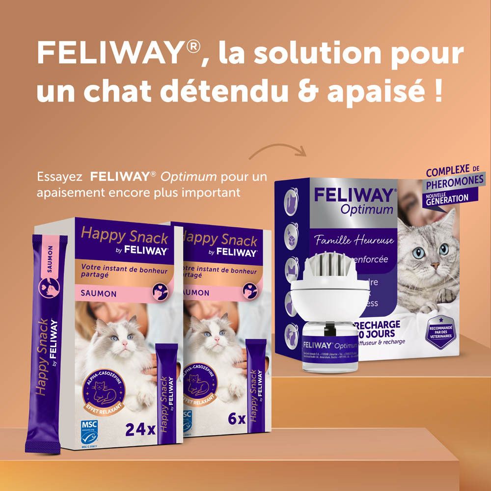 Happy Snack by Feliway, 24 sticks au saumon. Emballage avec chat et femme. Certification MSC.