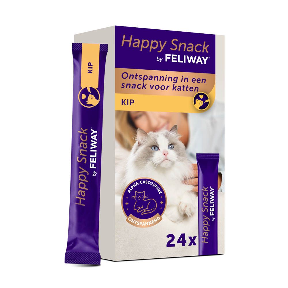 Happy Snack by Feliway, Einzelstick, Kip. Verpackung mit Katze und Produkt.