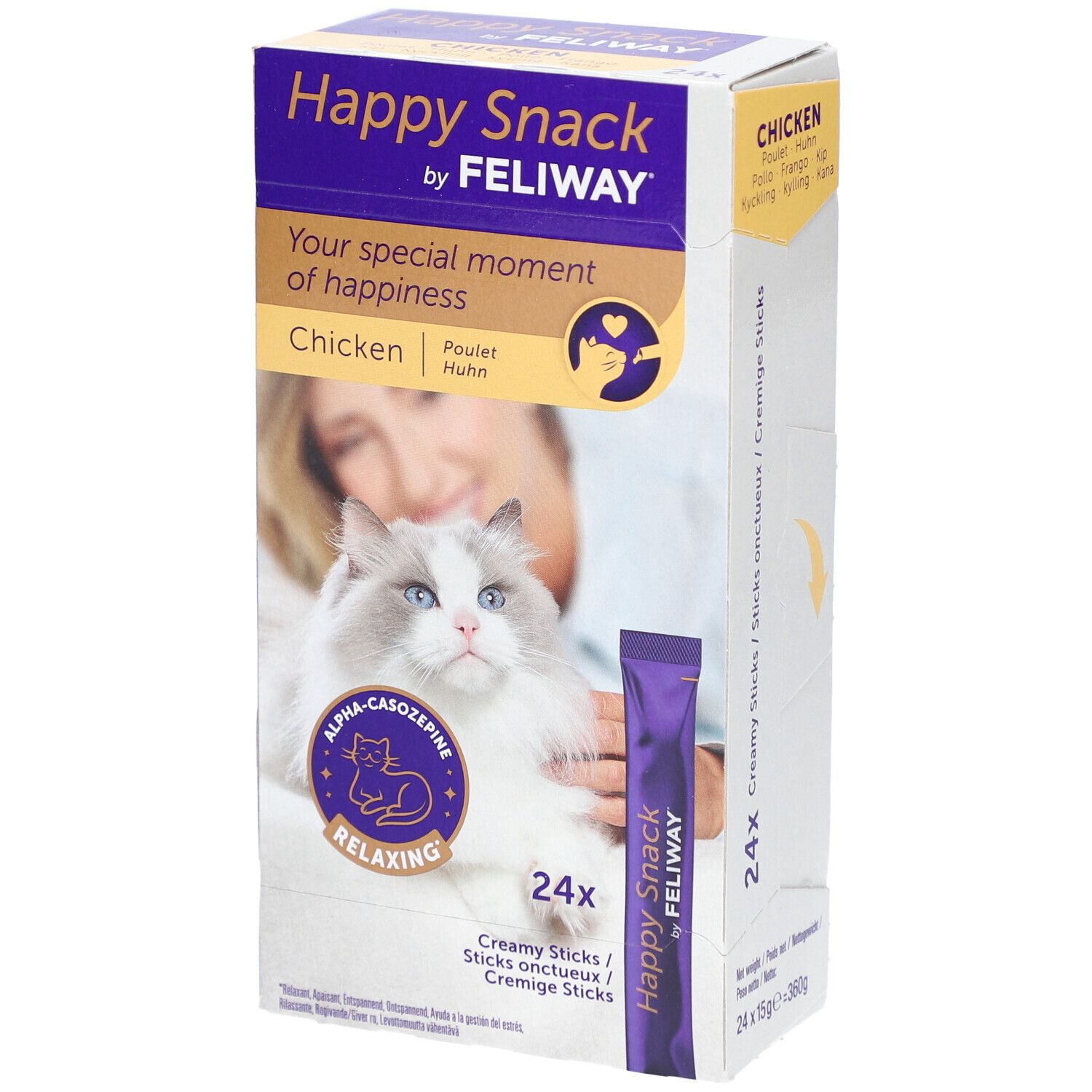 Verpackung von Happy Snack by Feliway. Enthält 24 cremige Sticks mit Huhn. Auf der Verpackung ist eine Katze abgebildet.