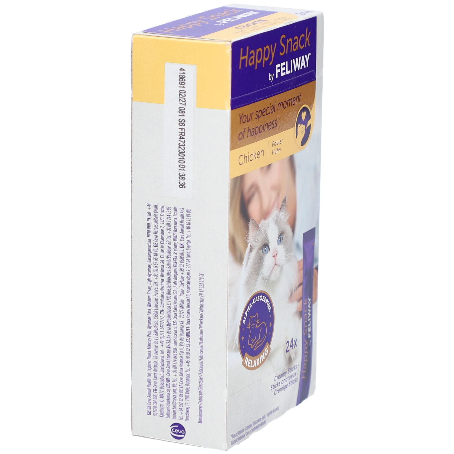 Seitenansicht der Happy Snack by Feliway Verpackung. Enthält 24 cremige Sticks. Aufdrucke mit Produktinformationen.