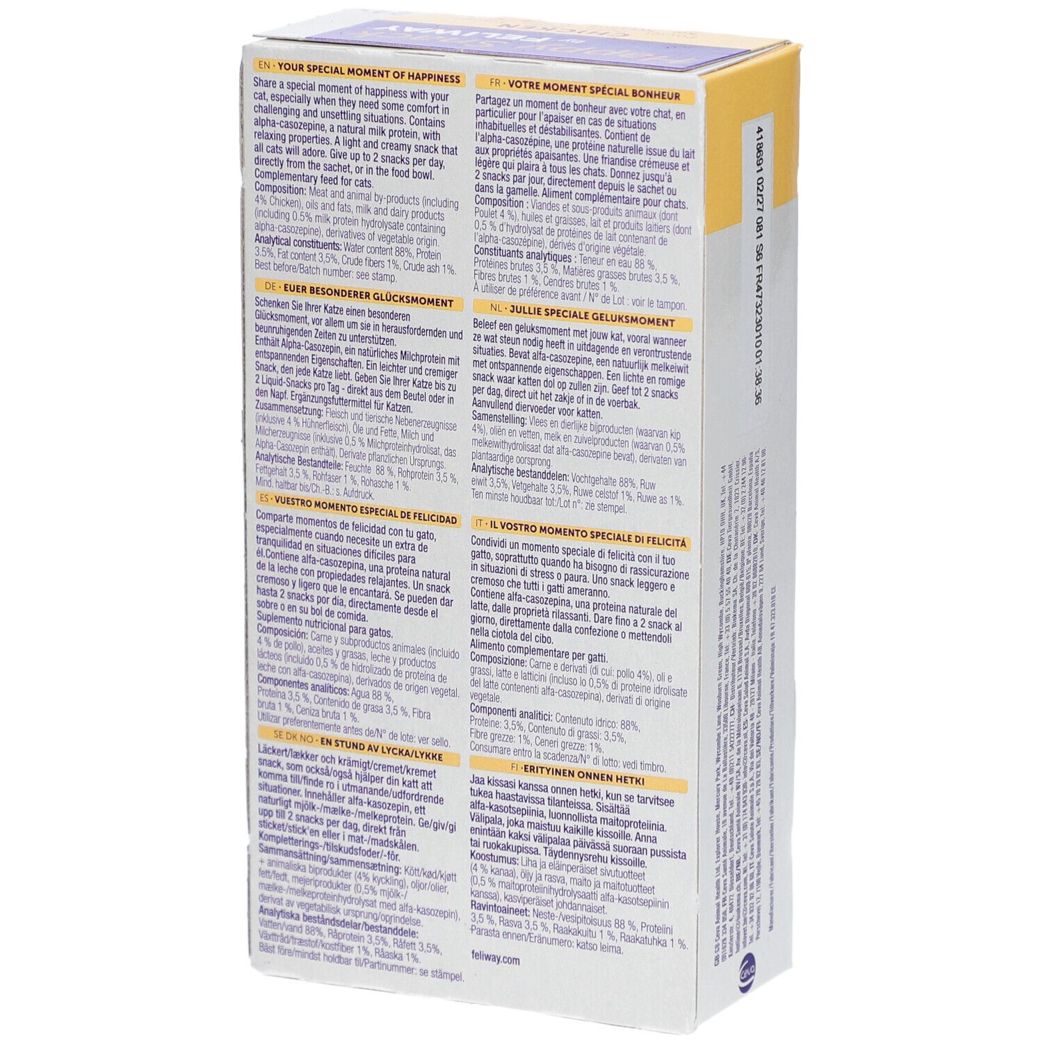 Rückseite der Happy Snack by Feliway Verpackung. Text in mehreren Sprachen mit Produktinformationen und Inhaltsstoffen.