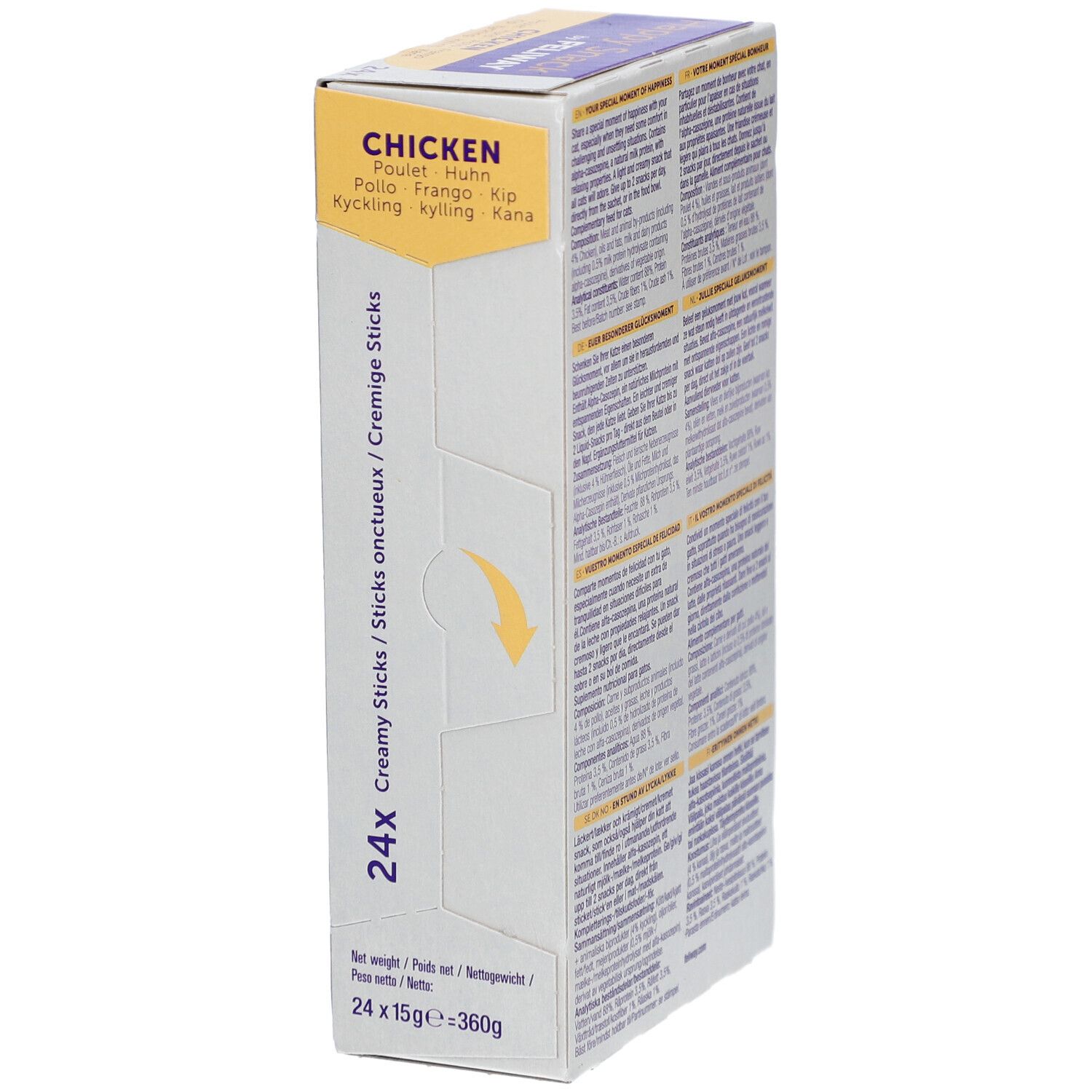 Seite der Happy Snack by Feliway Verpackung. Enthält 24 cremige Sticks. Angaben zu Gewicht und Inhaltsstoffen.