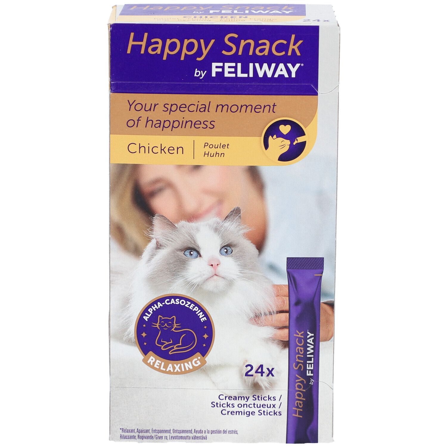 Happy Snack by Feliway Verpackung. Enthält 24 cremige Sticks mit Huhn. Abbildung einer Katze und Produktnamen.