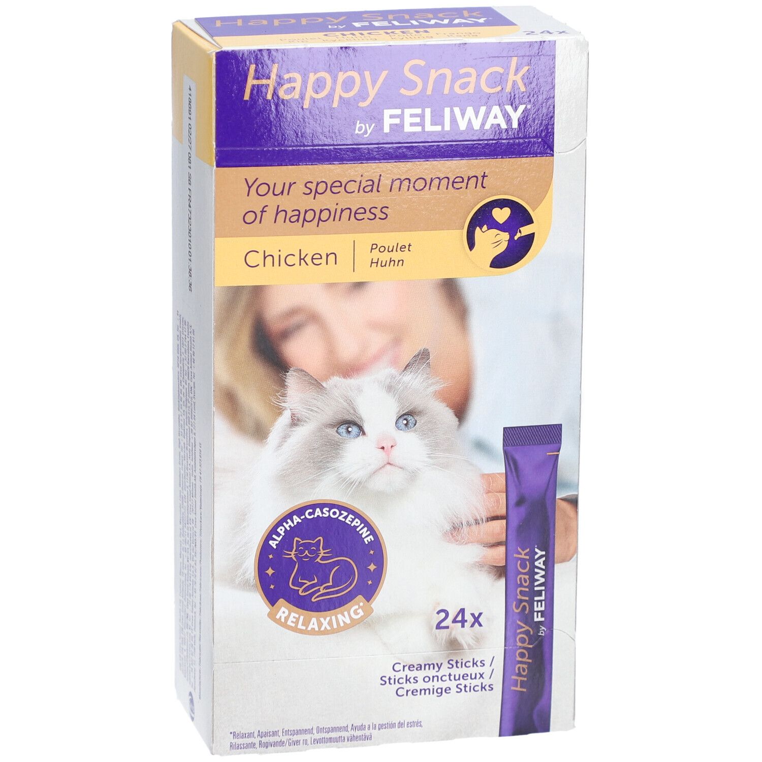 Happy Snack by Feliway Verpackung. Enthält 24 cremige Sticks mit Huhn. Abbildung einer Katze und Produktnamen.