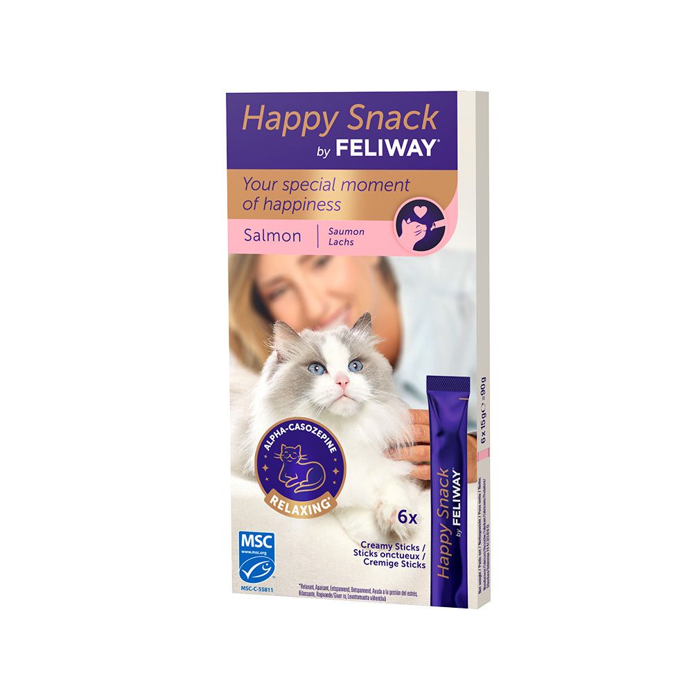 Boîte Happy Snack by Feliway. Contient 6 sticks. Inscription: Saumon, Alpha-casozépine, relaxant.
