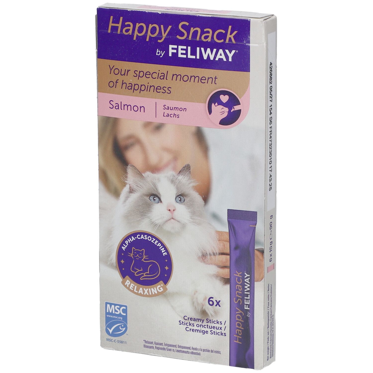 Verpackung von Happy Snack by Feliway. Enthält 6 Sticks. Aufdruck: Lachs, Alpha-Casozepine, entspannend.