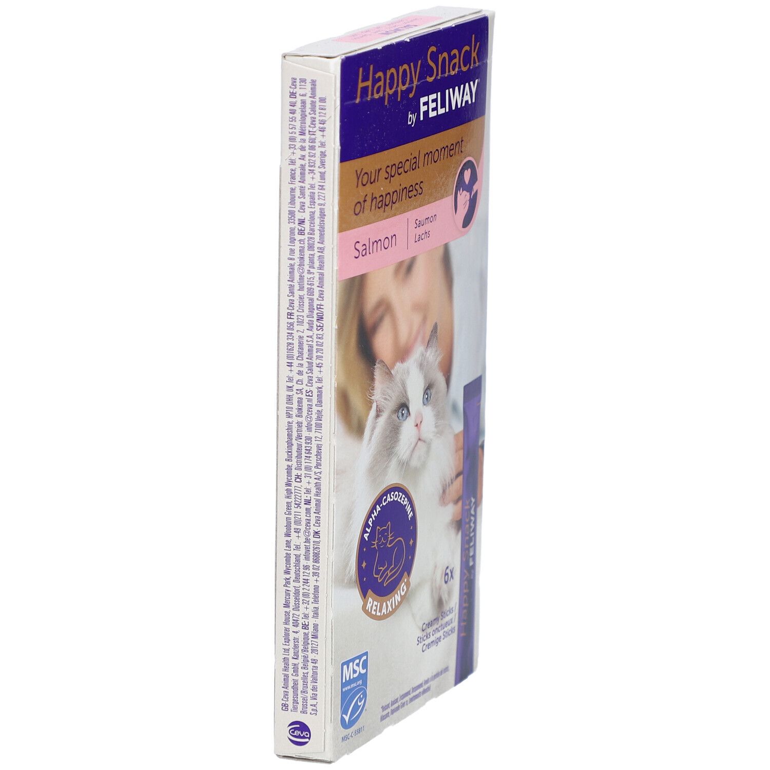 Verpackung von Happy Snack by Feliway. Seitenansicht. Aufdruck: Lachs, Alpha-Casozepine, entspannend.
