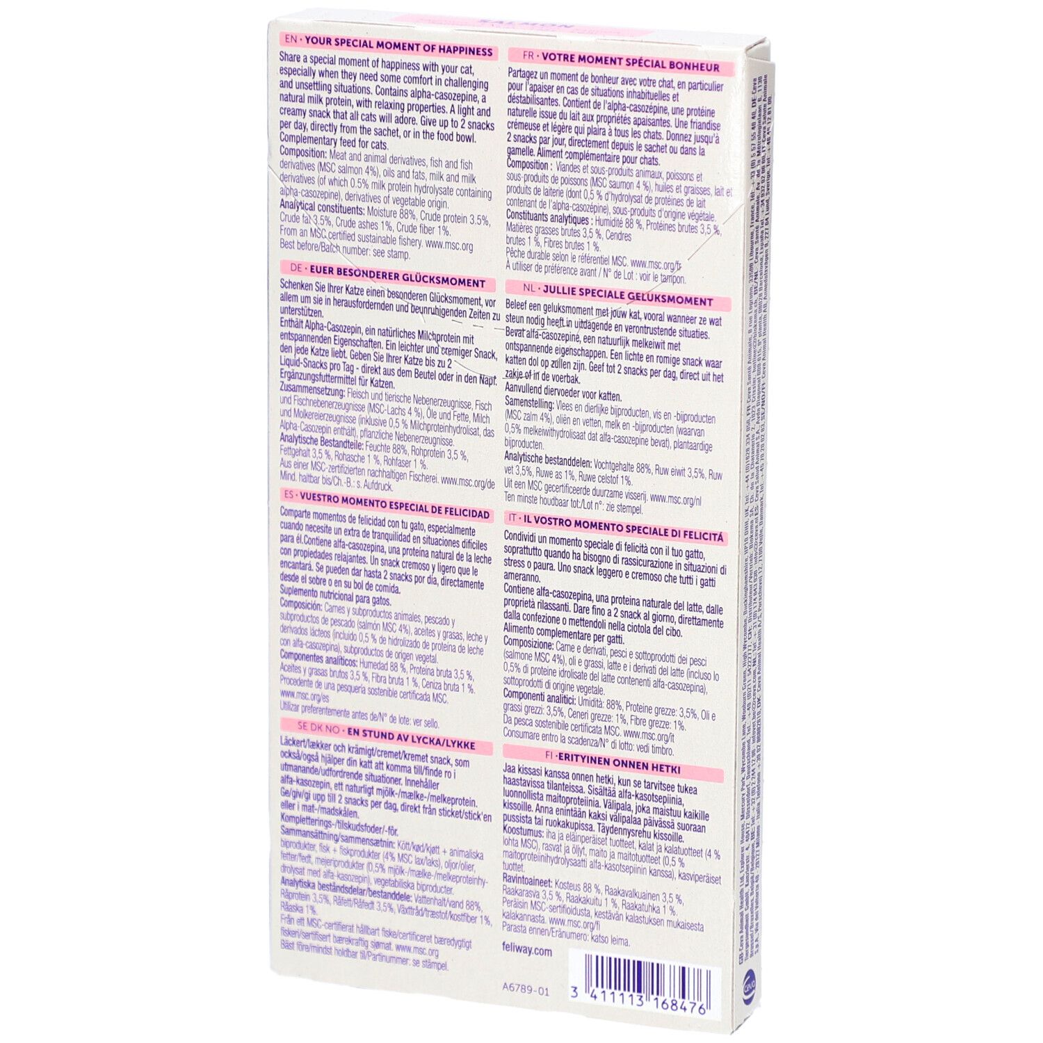 Rückseite der Verpackung von Happy Snack by Feliway. Text in mehreren Sprachen. Inhaltsstoffe und Informationen.