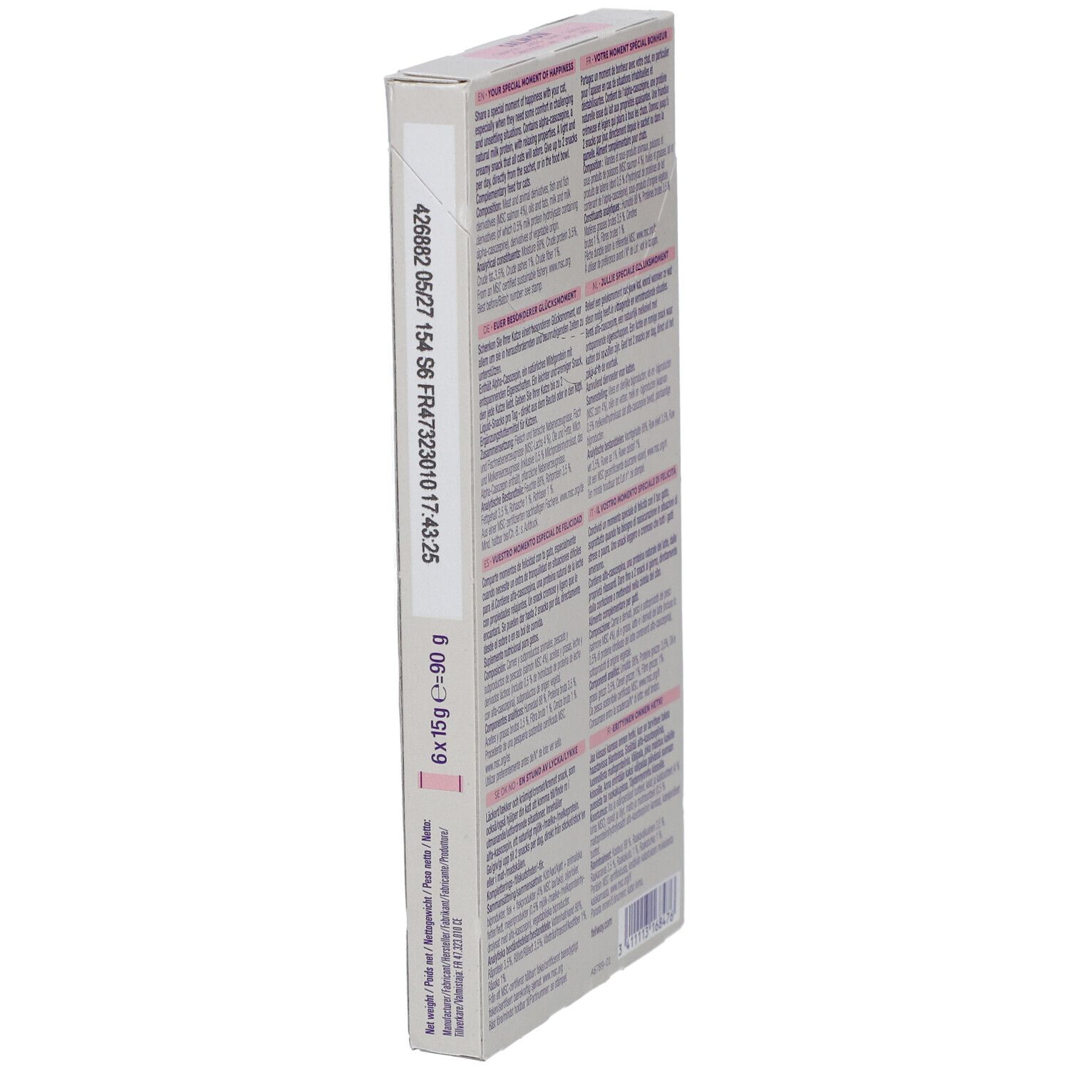 Seitenansicht der Verpackung von Happy Snack by Feliway. Text in mehreren Sprachen. Informationen.