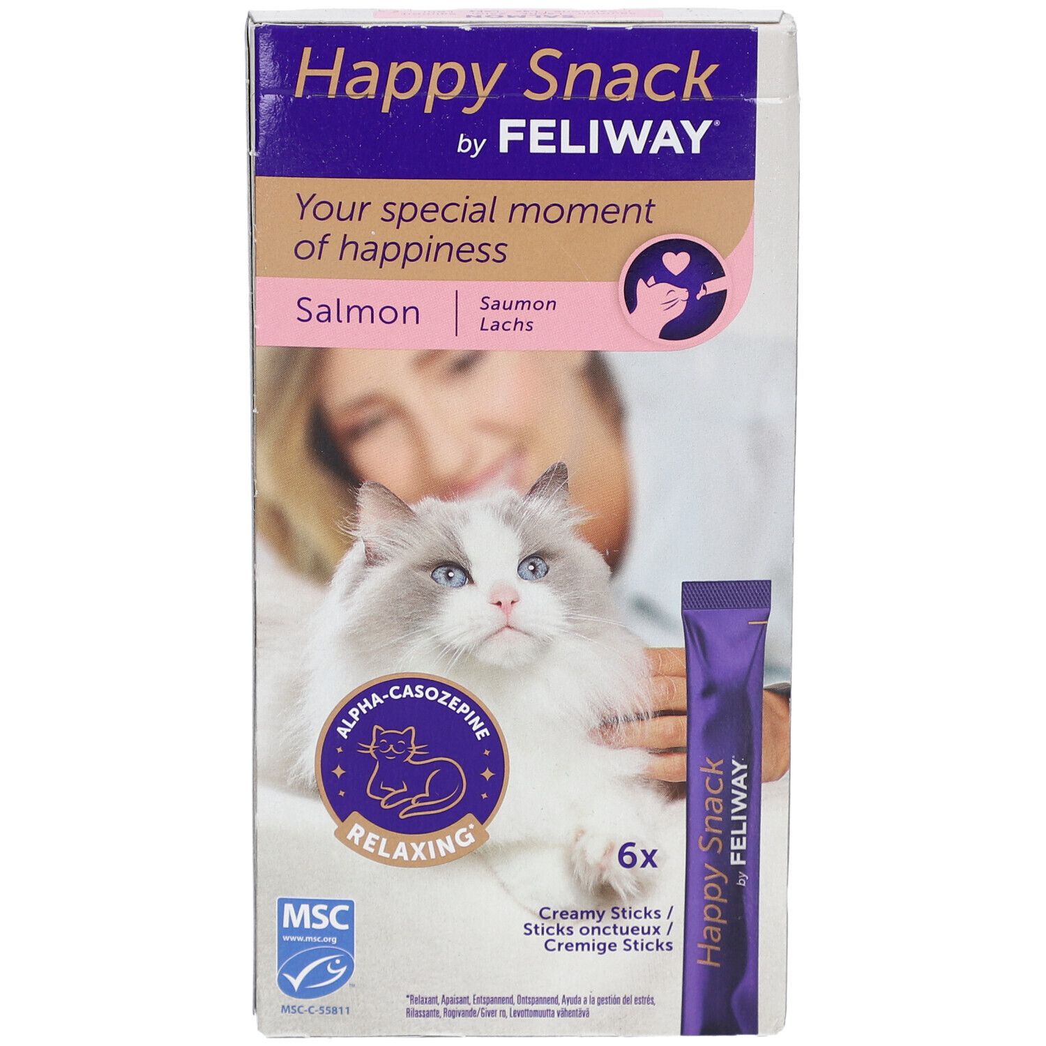Verpackung von Happy Snack by Feliway. Enthält 6 Sticks. Aufdruck: Lachs, Alpha-Casozepine, entspannend.