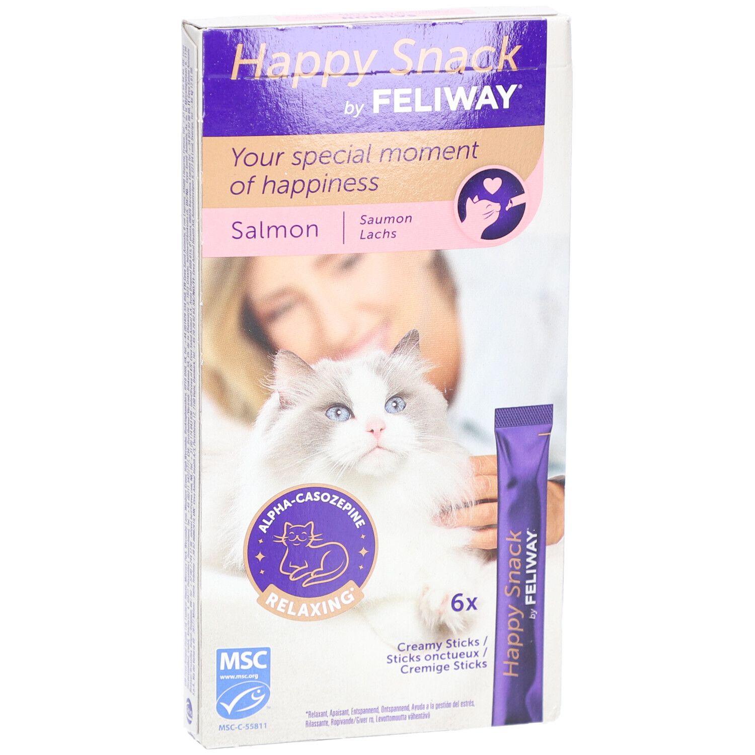 Verpackung von Happy Snack by Feliway. Enthält 6 Sticks. Aufdruck: Lachs, Alpha-Casozepine, entspannend.