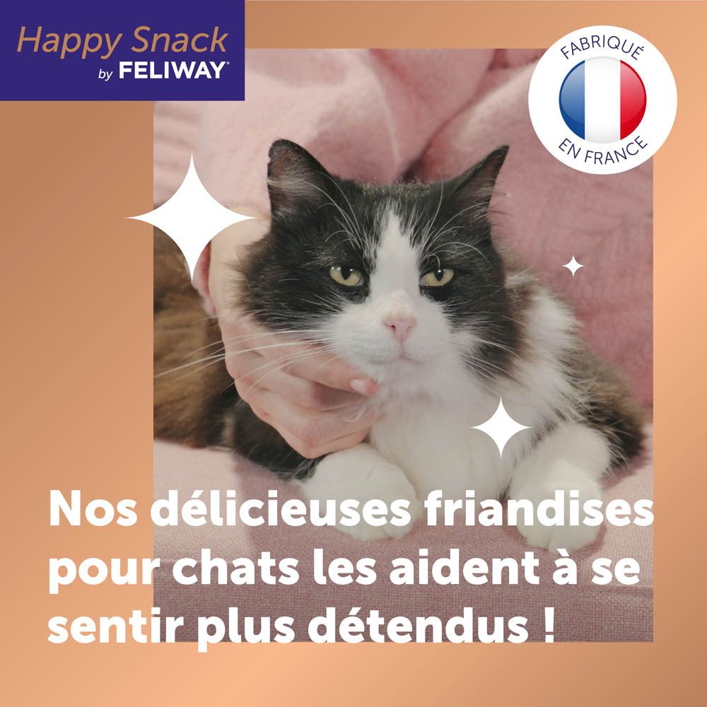 Fabriqué en France. Happy Snack by Feliway. Chat et femme en image.