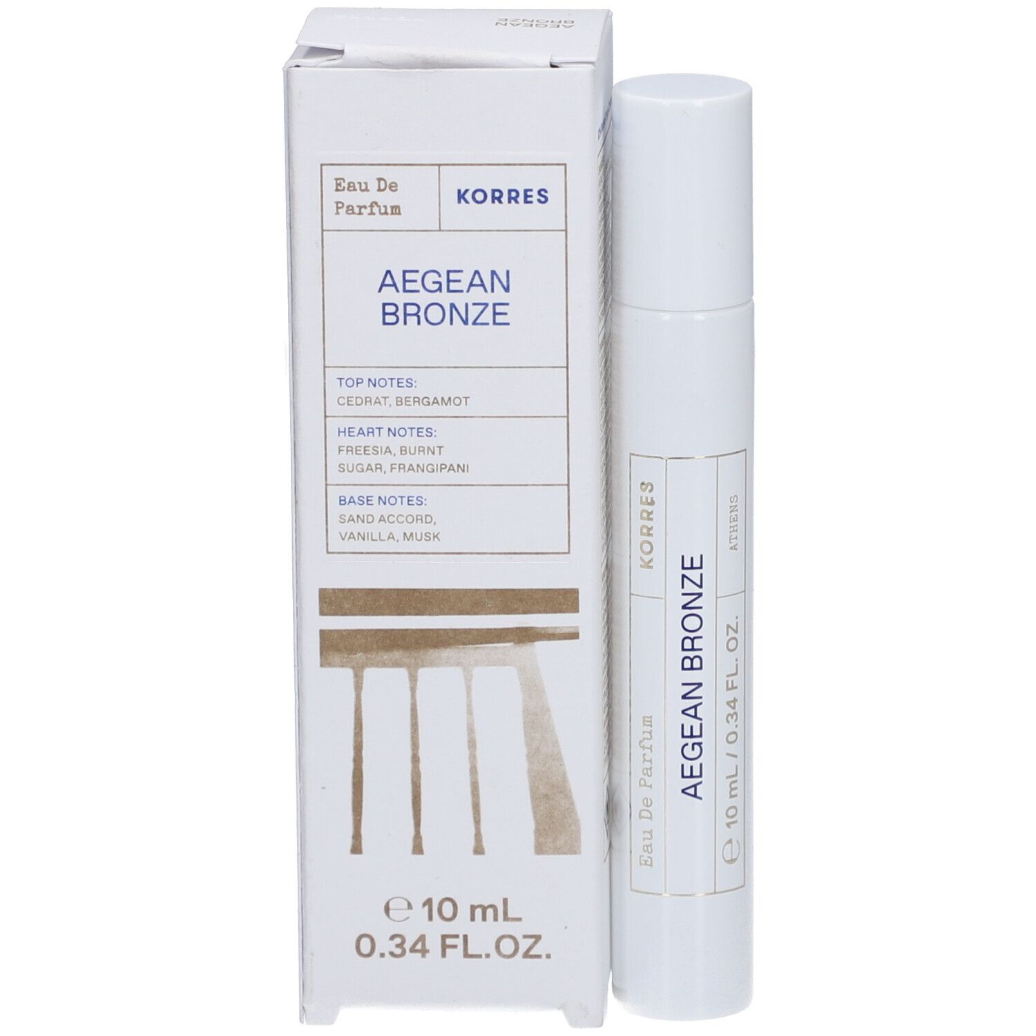 Korres Aegean Bronze Eau de Parfum Roll-On. Weiße Verpackung und Flakon. Text: Aegean Bronze, 10 ml, 0.34 FL. OZ.